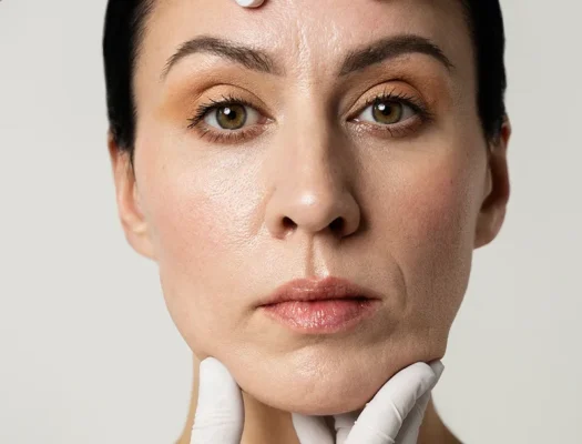 A woman wearing a white glove on her face, symbolizing themes of blood circulation and health awareness.