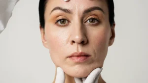 Une femme portant un gant blanc sur son visage, illustrant le thème de la circulation sanguine.