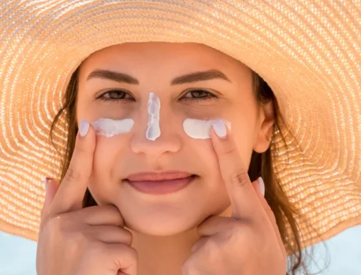 A woman wearing a hat applies sunscreen to her face, emphasizing skin care and sun protection.