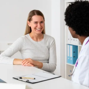 A woman discusses cellulite treatment options with a doctor in a clinical setting.