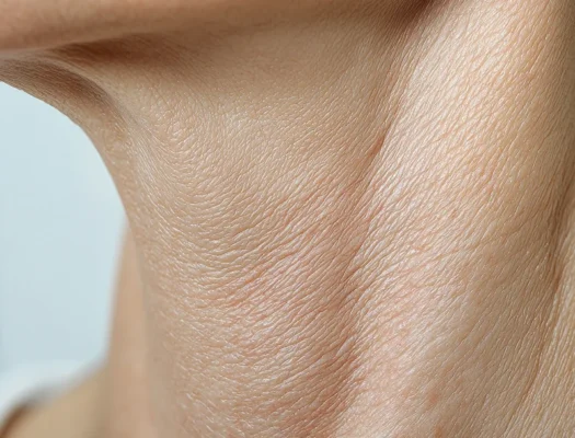 A woman with a very thin neck showing signs of sagging skin, highlighting her delicate features and aging process.