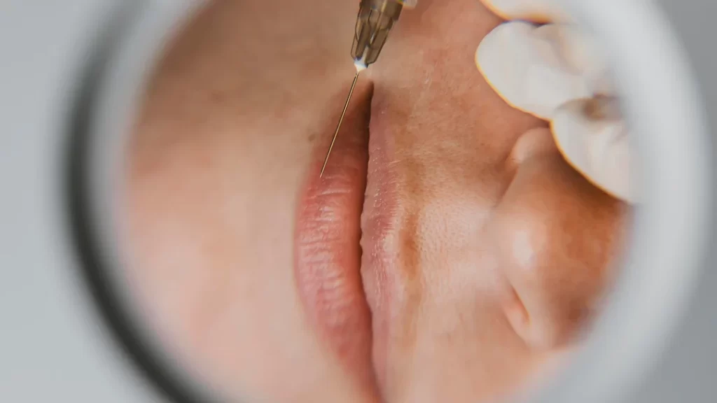 Close-up of a woman's face receiving a dermal filler injection with a needle, highlighting her skin and expression.