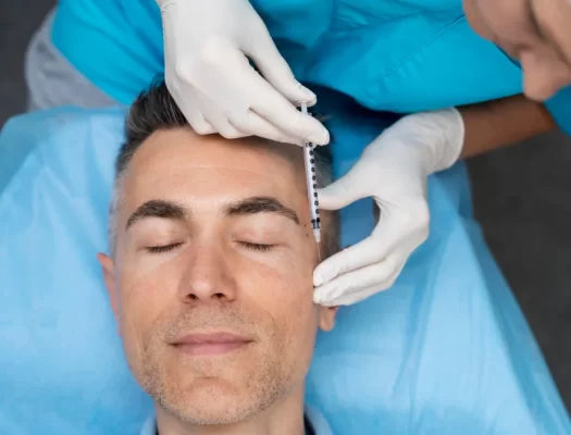 A man receiving eyebrow treatment from a doctor, highlighting a facial rejuvenation procedure.