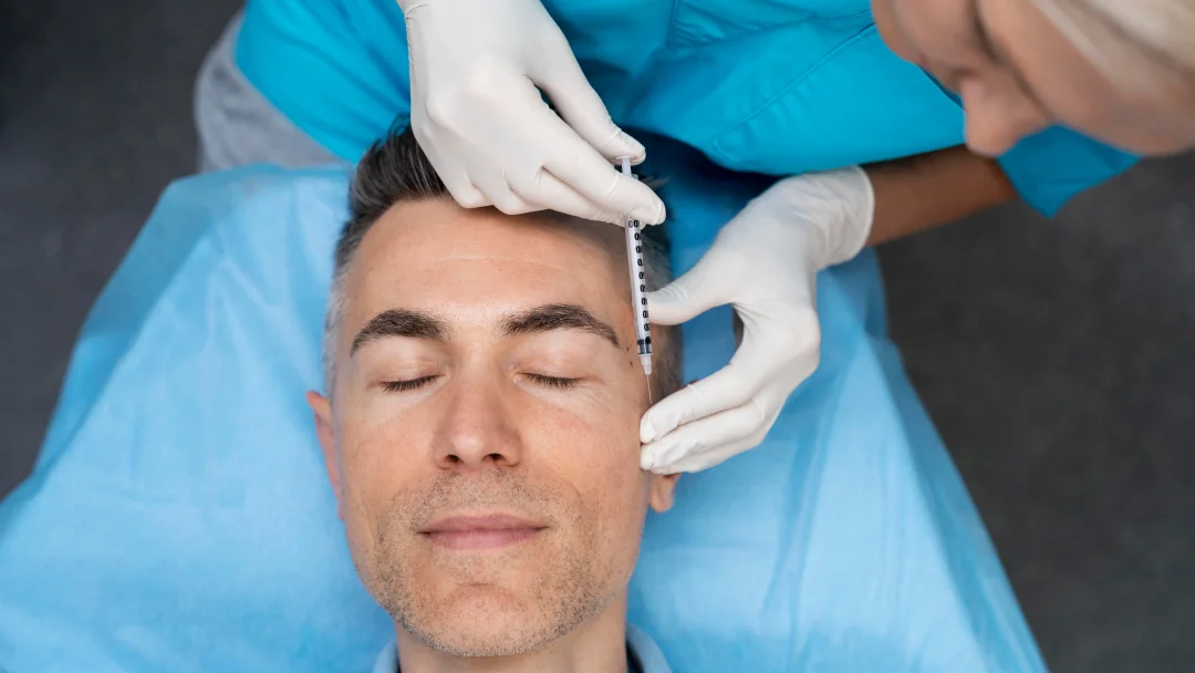 A man receiving eyebrow treatment from a doctor, highlighting a facial rejuvenation procedure.